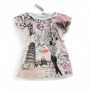 Italy Moda Graphic T-Shirt Womens L White Pisa Italy NWT Cap Sleeve Viscose Tee